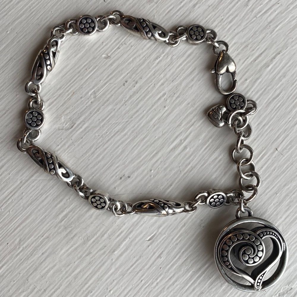 BRIGHTON rare vintage retired silver link‎ chain open heart charm bracelet